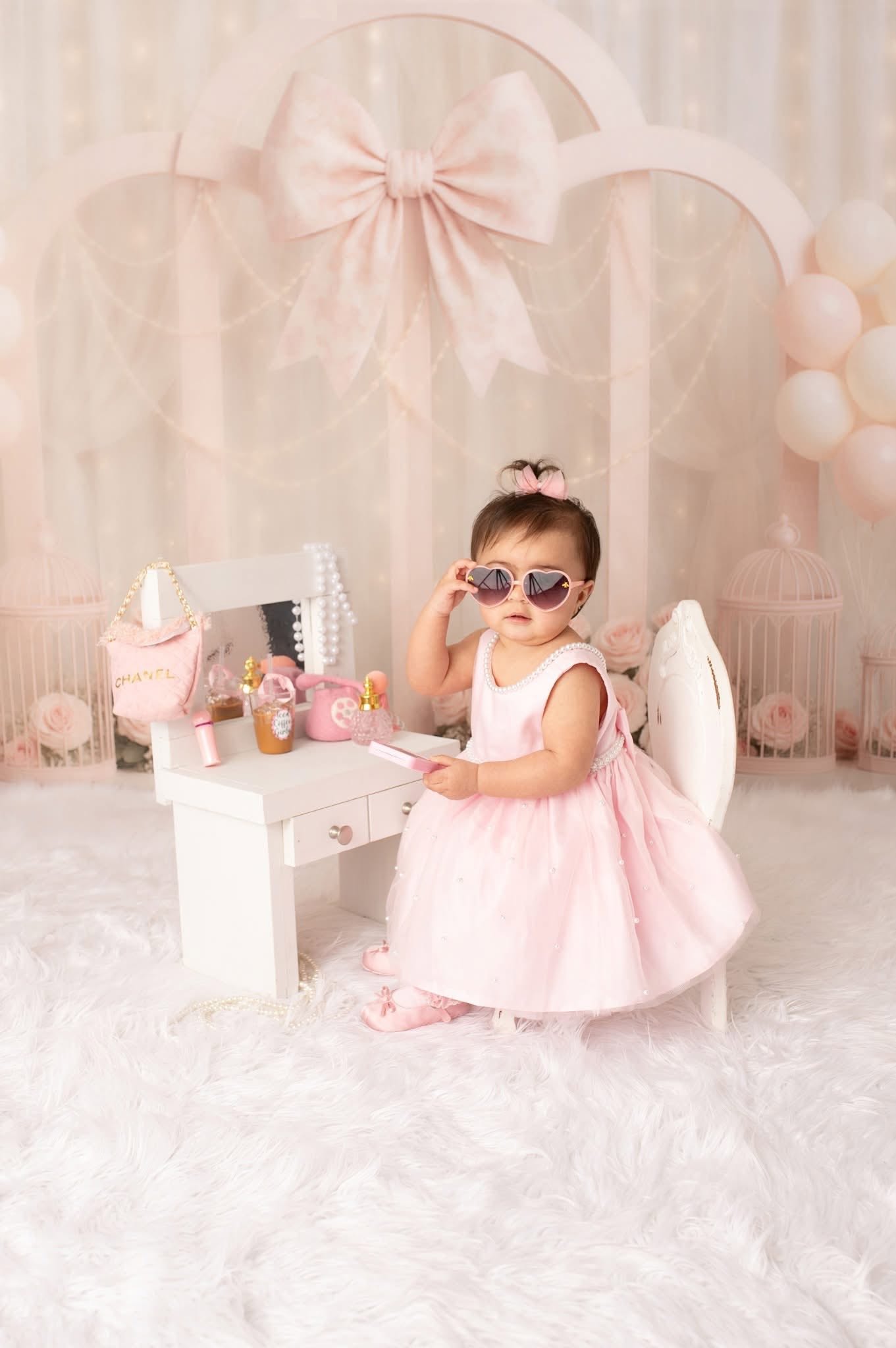 Kate Birthday Pink Floral Arch Bow Printed Backdrop Designed by Ashley Paul
