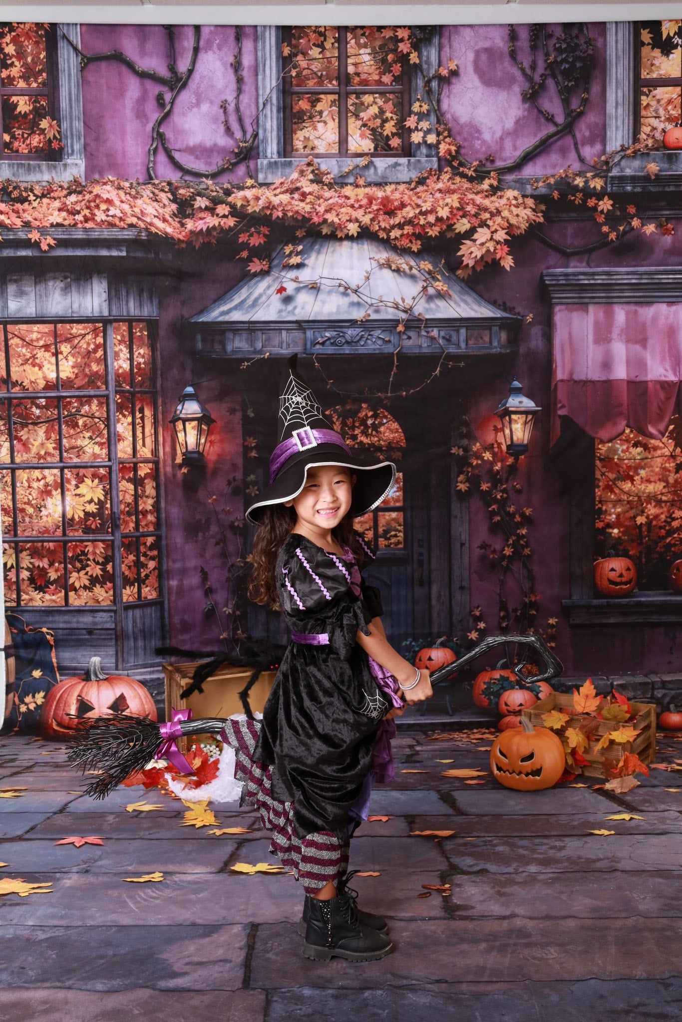 Kate Sweep Halloween Pumpkin Cotttage Fallen Leaves Backdrop Designed by Emetselch