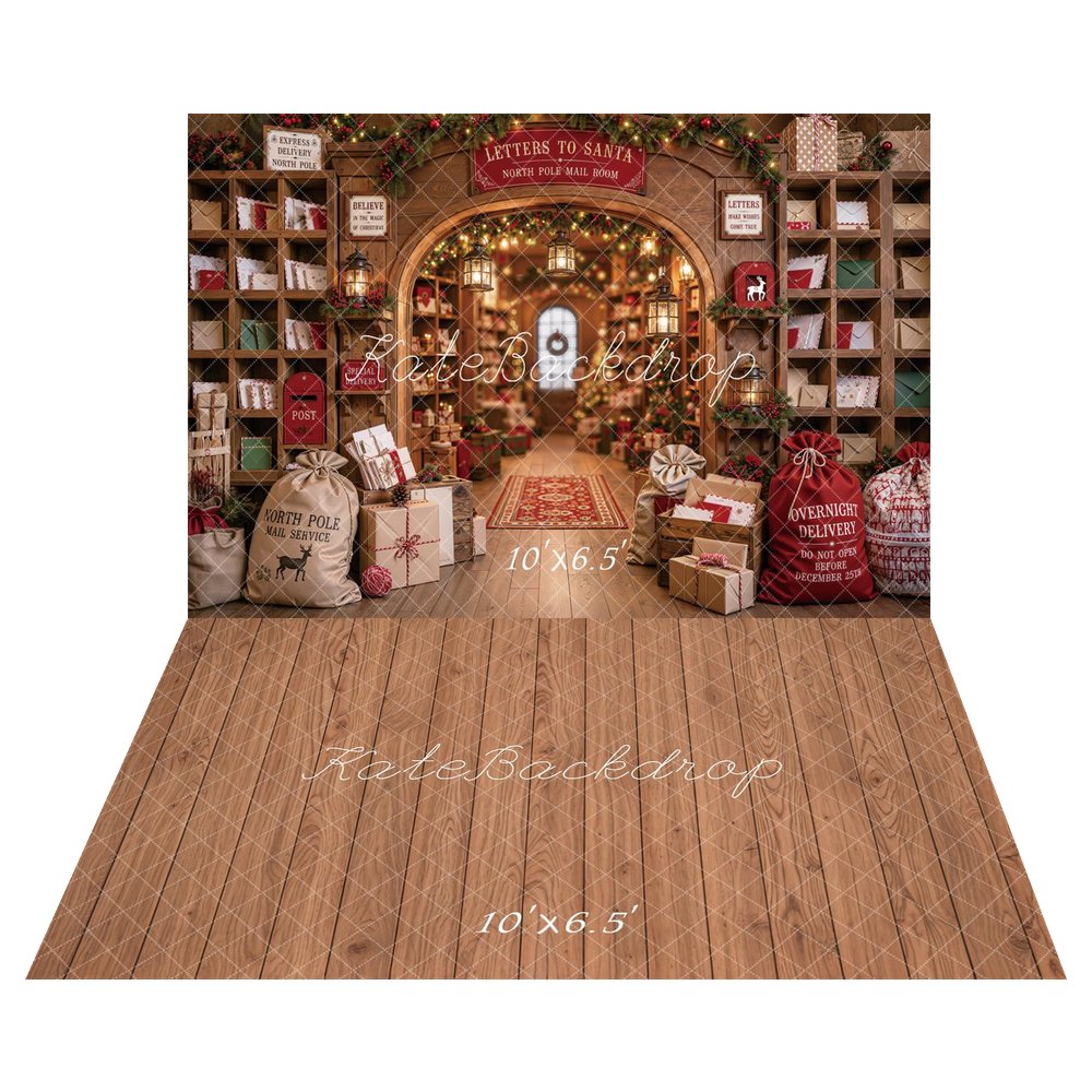 Kate Christmas Mail Room Letters to Santa Workshop Printed Backdrop+Brown Wood Plank Retro Wall Printed Backdrop