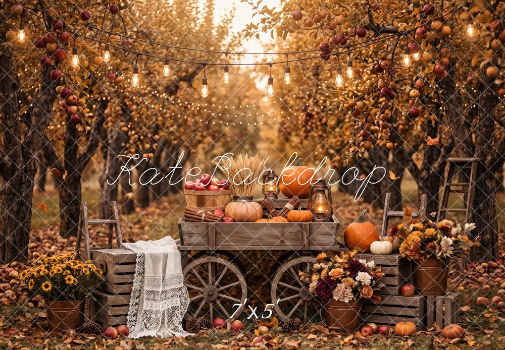 Kate Fall Apple Orchard Pumpkin Floral Wagon Wood Printed Backdrop Designed by Patty Roberts