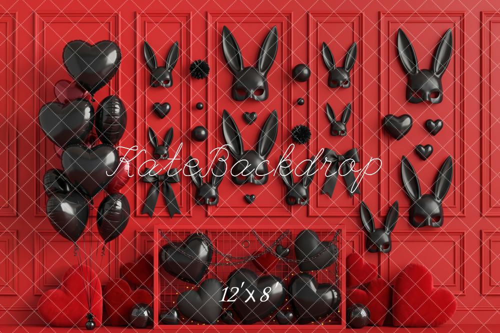 Kate Valentine's Day Boudoir Black Bunny Balloons Red Wall Hearts Printed Backdrop Designed by Patty Roberts