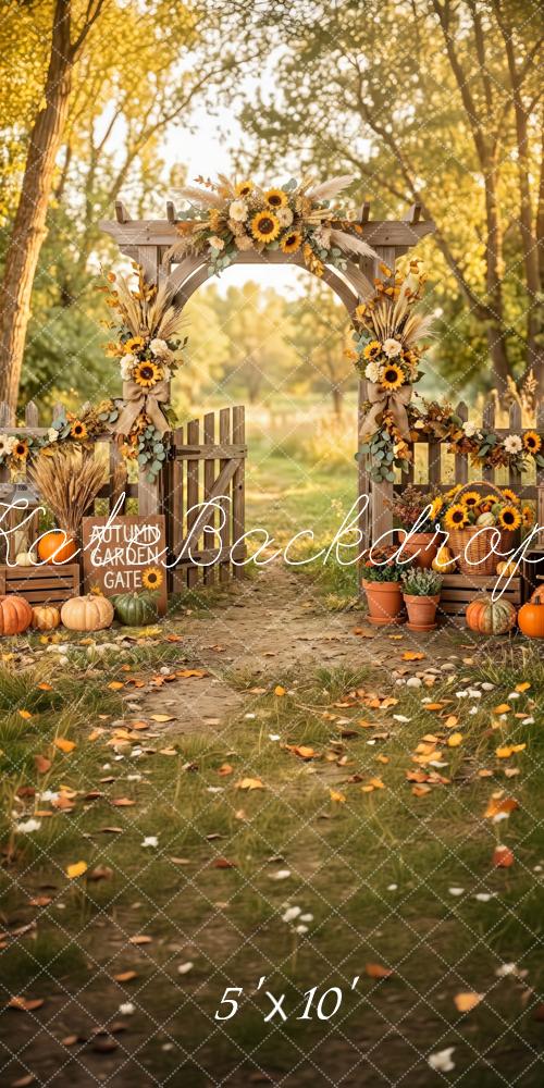 Kate Sweep Fall Sunflower Pumpkin Garden Arch Wood Fence Printed Backdrop Designed by Patty Roberts