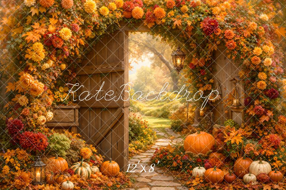Kate Fall Flower Arch Wood Door Pumpkin Garden Printed Backdrop Designed by Emetselch
