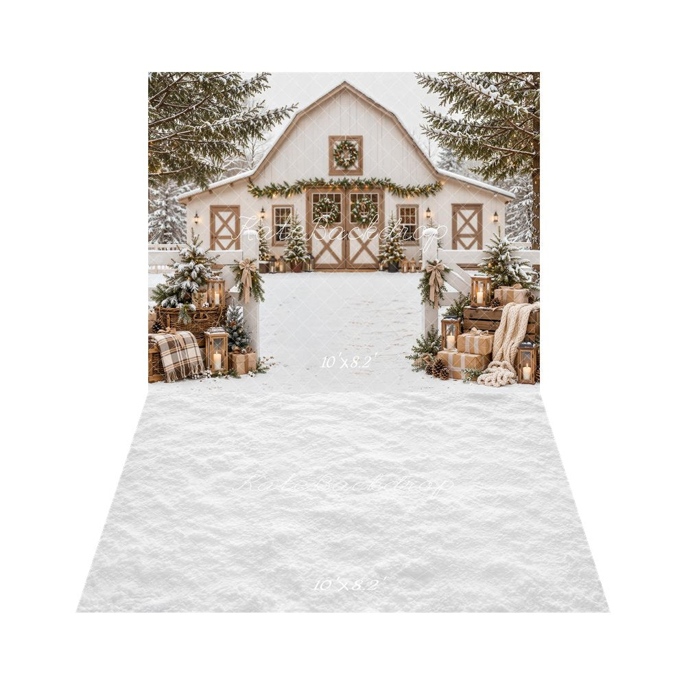 Kate Christmas Snowy White Barn Farmhouse Evergreen Gifts Plaid Printed Backdrop+White Snow Floor Printed Backdrop