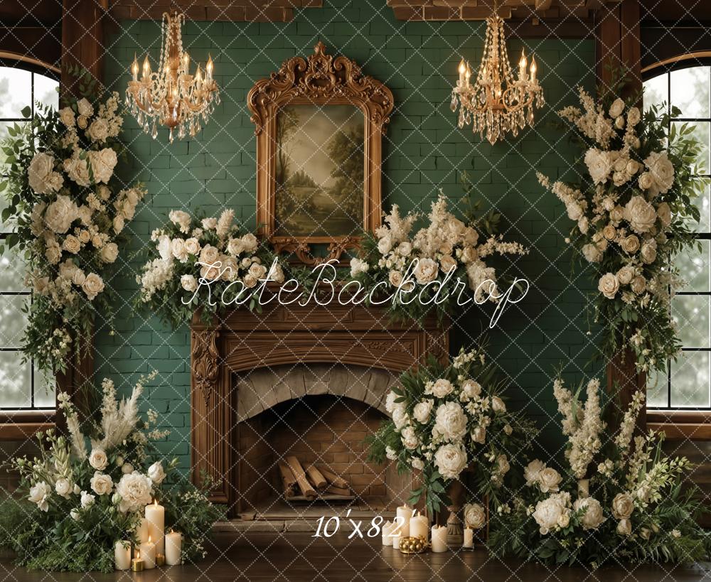 Kate Spring Fireplace Flower Arch Green Wall Chandelier Backdrop Designed by Emetselch