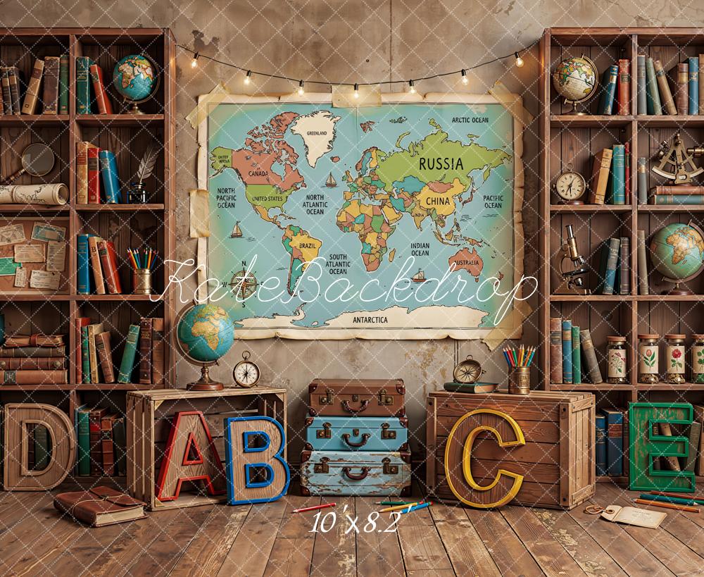 Kate Back to School World Map Bookshelves Globes ABC Letters Printed Backdrop Designed by Emetselch