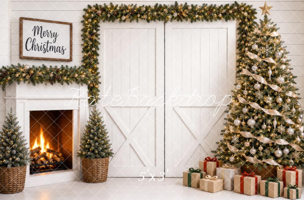 Kate Christmas White Barn Doors Fireplace Tree Gifts Printed Backdrop Designed by Shutter Swan Studios