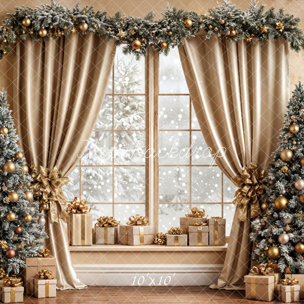Kate Christmas Gold Gifts Trees Window Backdrop Designed by Emetselch