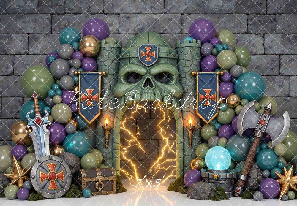 Kate Fantasy Skull Castle Balloons Medieval Weapons Stone Printed Backdrop Designed by Mini MakeBelieve