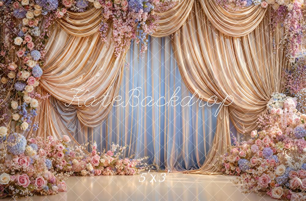 TEST Kate Spring Flower Arch Gold Drapes Pastel Roses Backdrop Designed by Emetselch