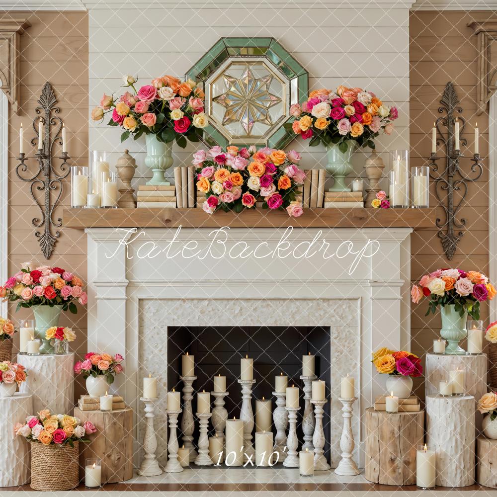 Kate Spring Fireplace Floral Roses Candles Printed Backdrop Designed by Mini MakeBelieve