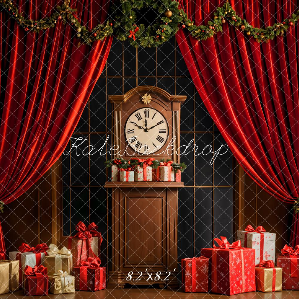 Kate Christmas Retro Clock Red Curtains Backdrop Designed by Emetselch
