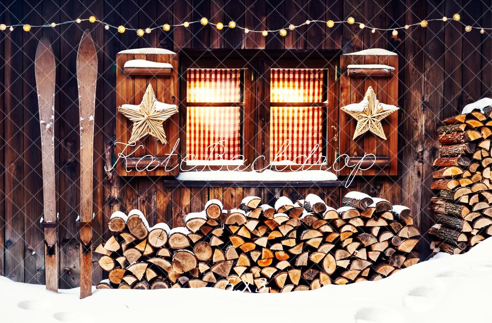 Kate Winter Wood Cabin Firewood Skis Stars Window Printed Backdrop Designed by Fantasyphotoart