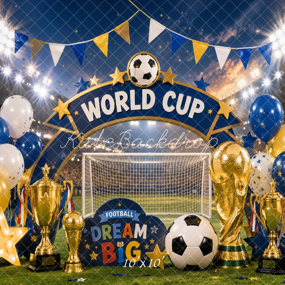 Kate Soccer World Cup Trophy Gold Balloons Stadium Printed Backdrop Designed by Chain Photography