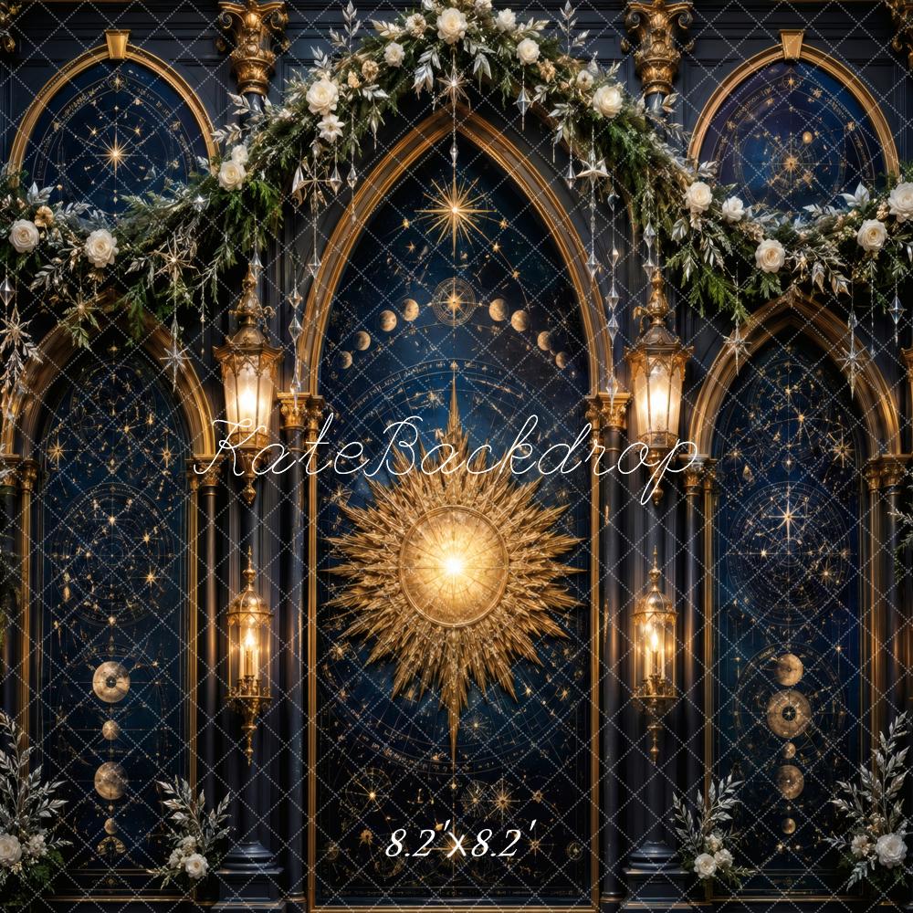 Kate Celestial Sunburst Arched Windows Lanterns Flowers Printed Backdrop Designed by Vertigo Productions