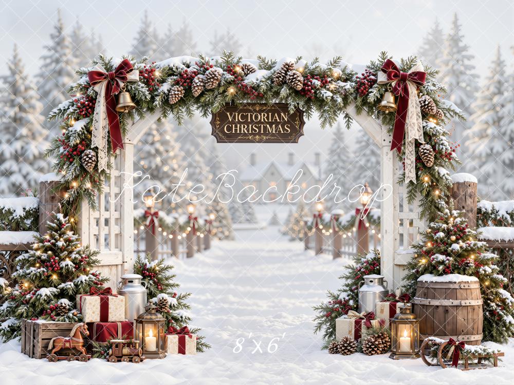 Kate Christmas Victorian Snowy Arch Rustic Fence Printed Backdrop Designed by Emetselch