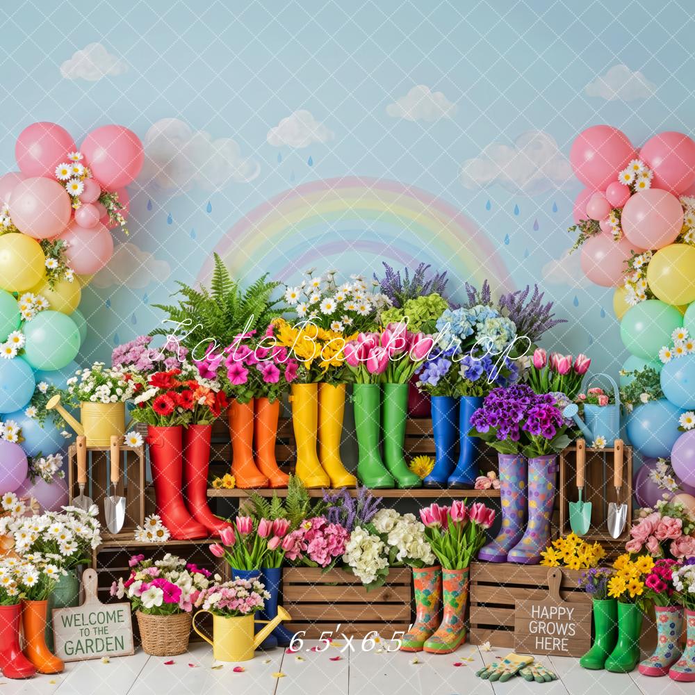Kate Spring Birthday Garden Balloon Arch Flowers Rain Boots Rainbow Printed Backdrop Designed by Patty Roberts