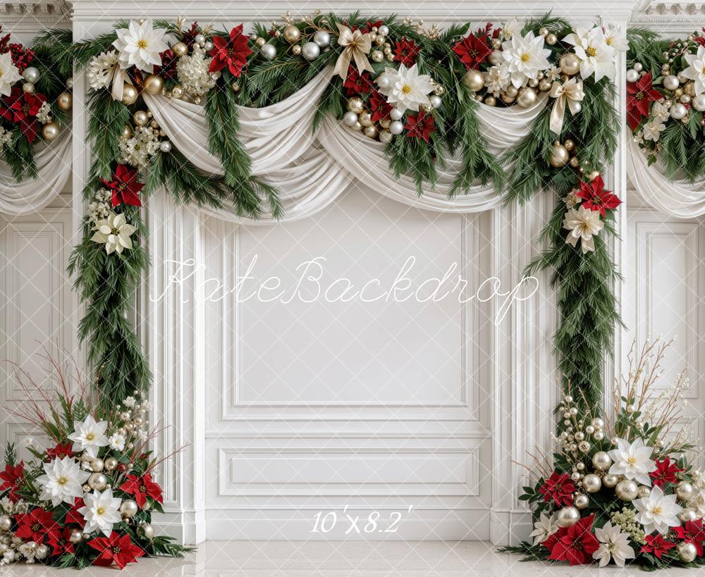 Kate Christmas Floral Garland Draped Panel Wall Printed Backdrop Designed by Mini MakeBelieve