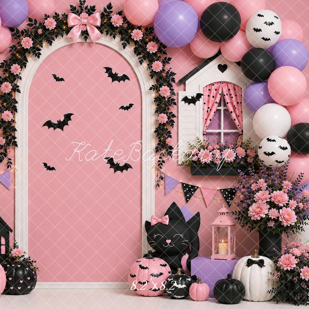 Kate Halloween Party Pink Balloon Floral Arch Cute Ghost Printed Backdrop Designed by Shutter Swan Studios