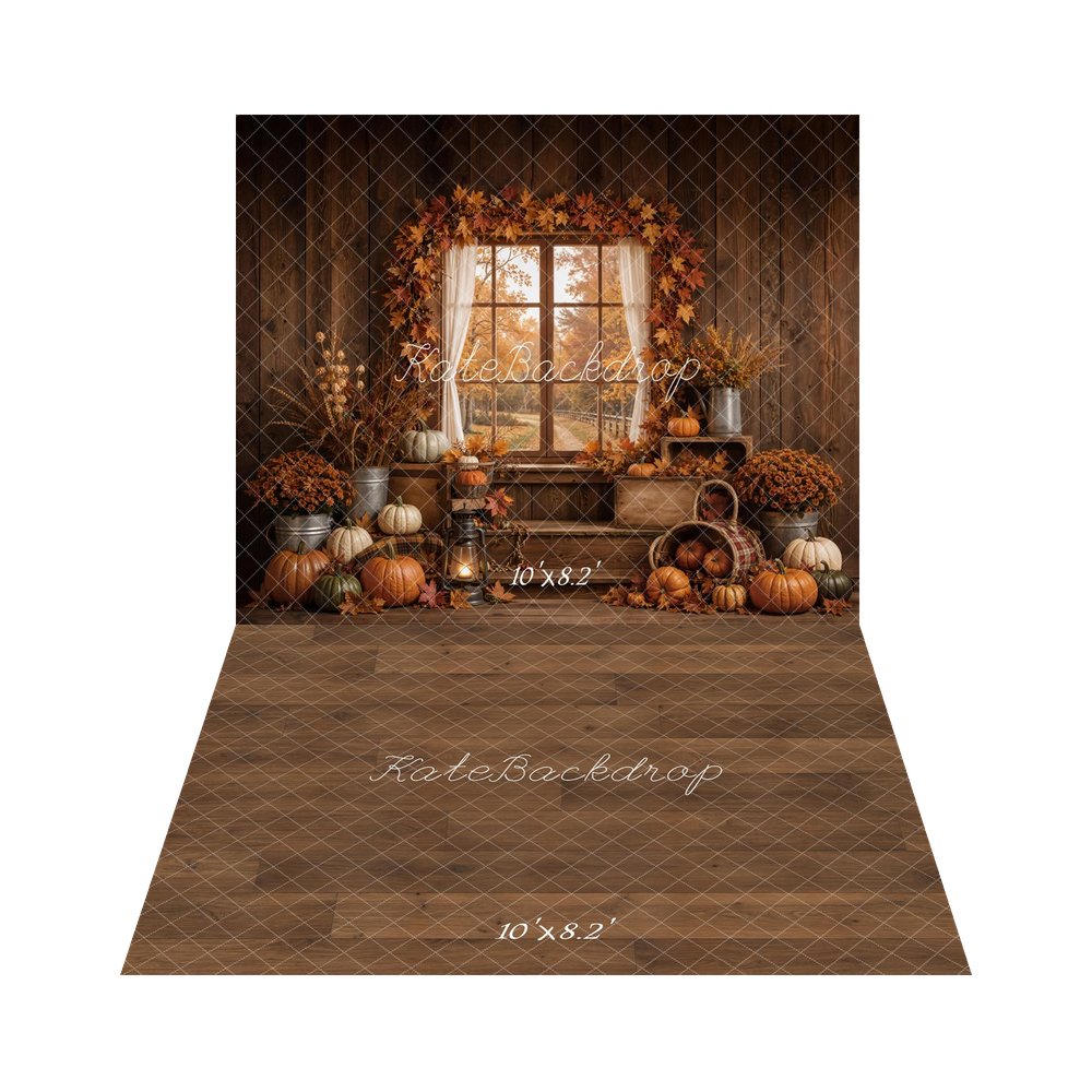 Kate Fall Pumpkins Window Maple Leaves Rustic Wood Printed Backdrop+Brown Wood Floor Printed Backdrop