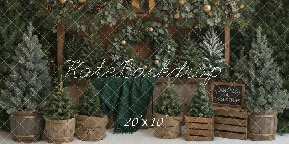 Kate Christmas Tree Farm Rustic Bow Lights Printed Backdrop Designed by Emetselch