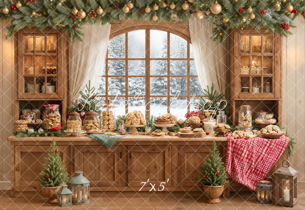 Kate Christmas Kitchen Cookie Wooden Cabinet Pine Garland Window Backdrop Designed by Emetselch