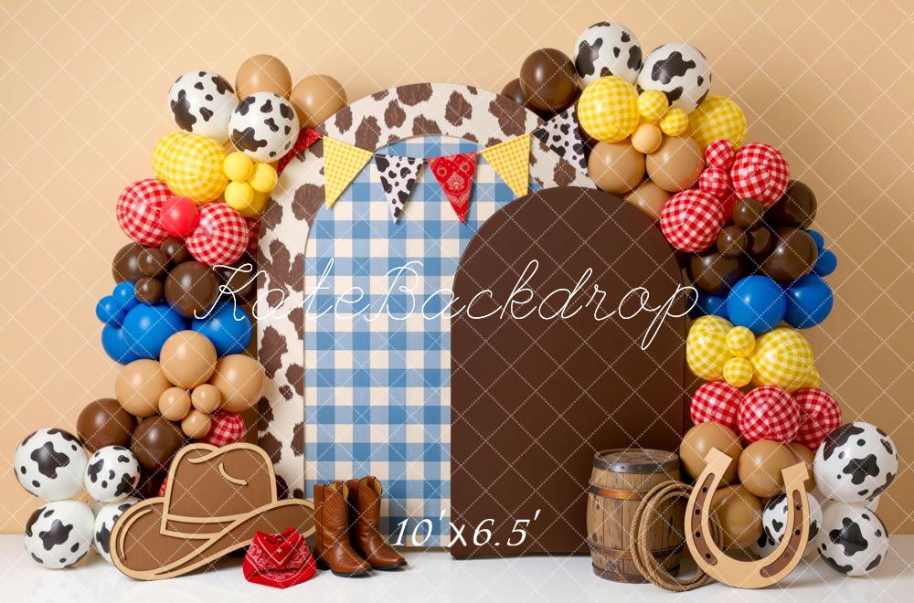 Kate Cake Smash Western Cowboy Cowhide Balloon Arch Brown Printed Backdrop Designed by Mini MakeBelieve