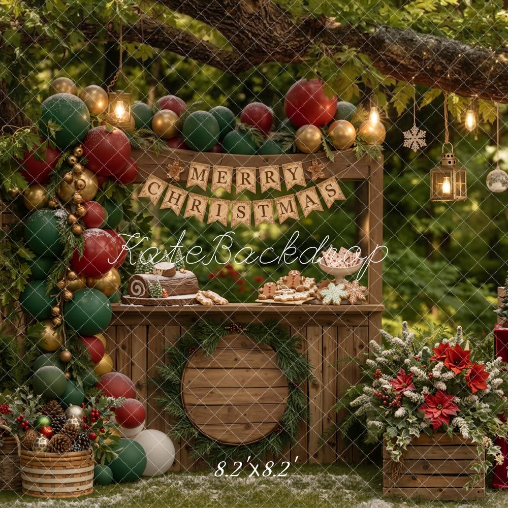 Kate Christmas Branch Arch Dessert Table Outdoor Green Red Balloons Printed Backdrop Designed by Emetselch