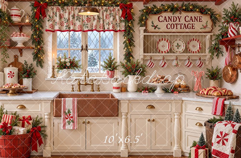 Kate Christmas Kitchen Cottage Candy Cane Rustic Window White Printed Backdrop Designed by Shutter Swan Studios