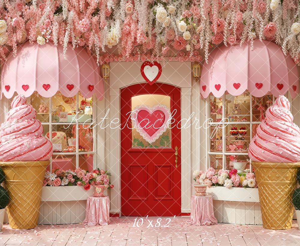 Kate Valentine's Day Pink Ice Cream Parlor Heart Door Flower Garland Backdrop Designed by Chain Photography
