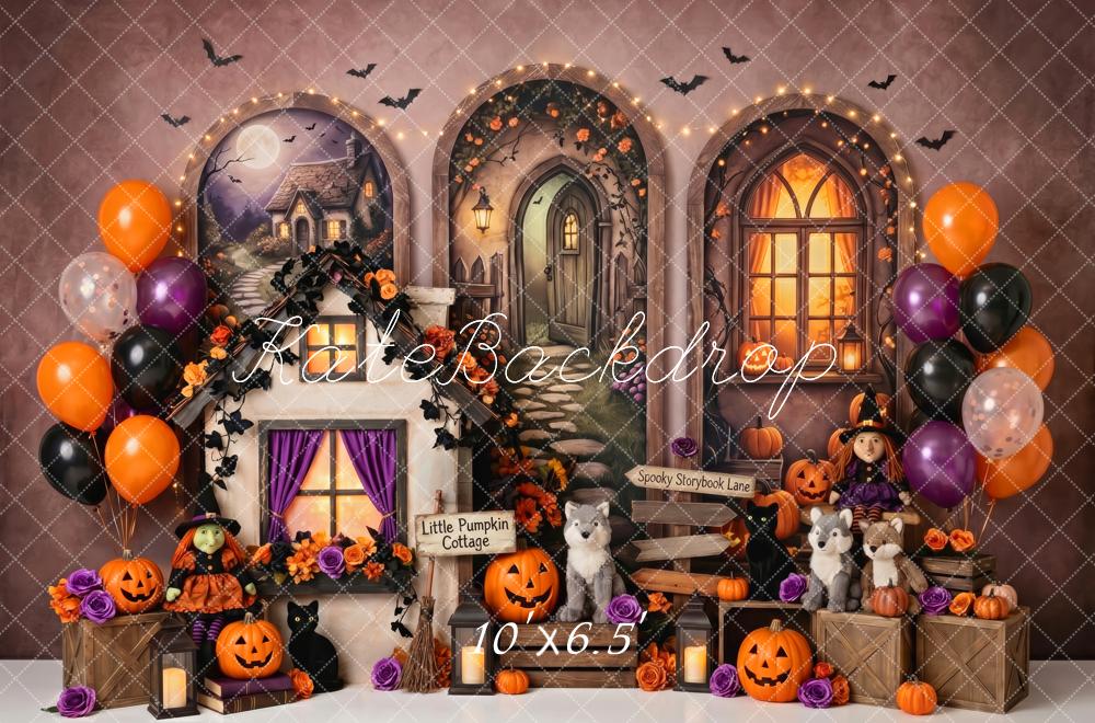 Kate Halloween Birthday Storybook Haunted Houses Pumpkins Printed Backdrop Designed by Patty Roberts