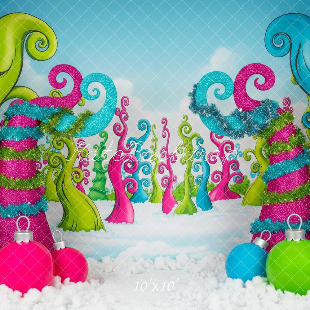 Kate Christmas Whimsical Trees Ornaments Snow Backdrop Designed by Patty Roberts