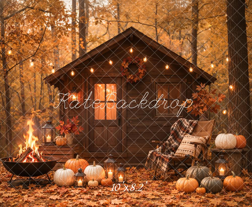 Kate Fall Forest Cabin Pumpkin Fire Pit Printed Backdrop Designed by Emetselch