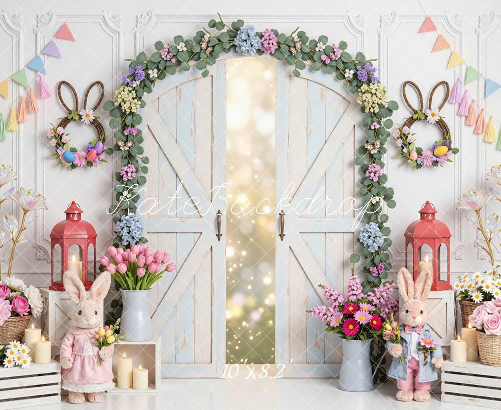 Kate Easter Bunny Flower Arch Pastel Barn Door Printed Backdrop Designed by Mini MakeBelieve