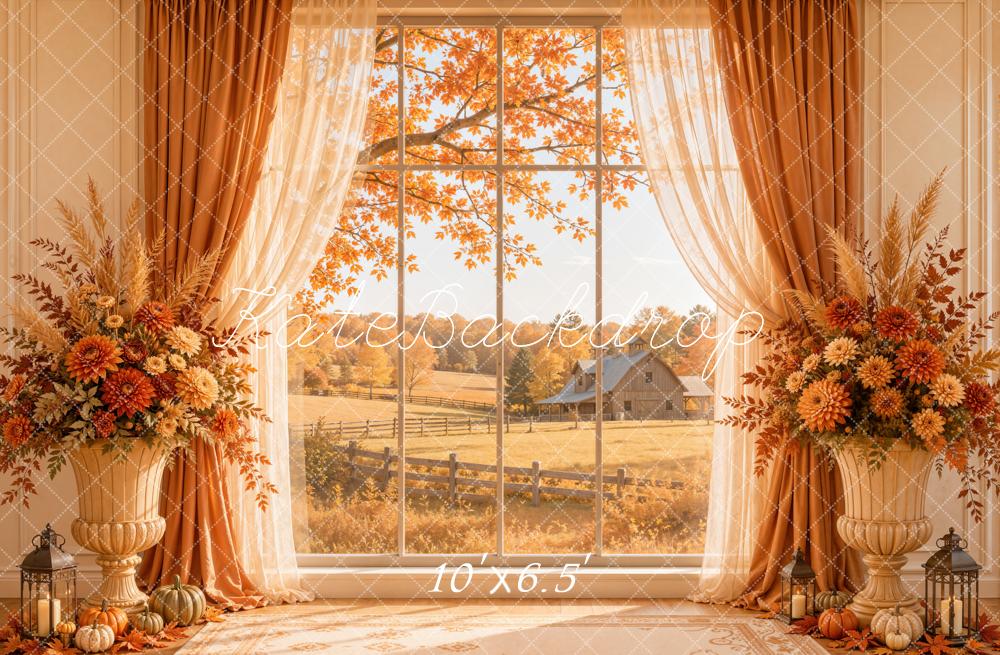 Kate Fall Cozy Window Farm Orange Curtains Pumpkins Floral Printed Backdrop Designed by Emetselch