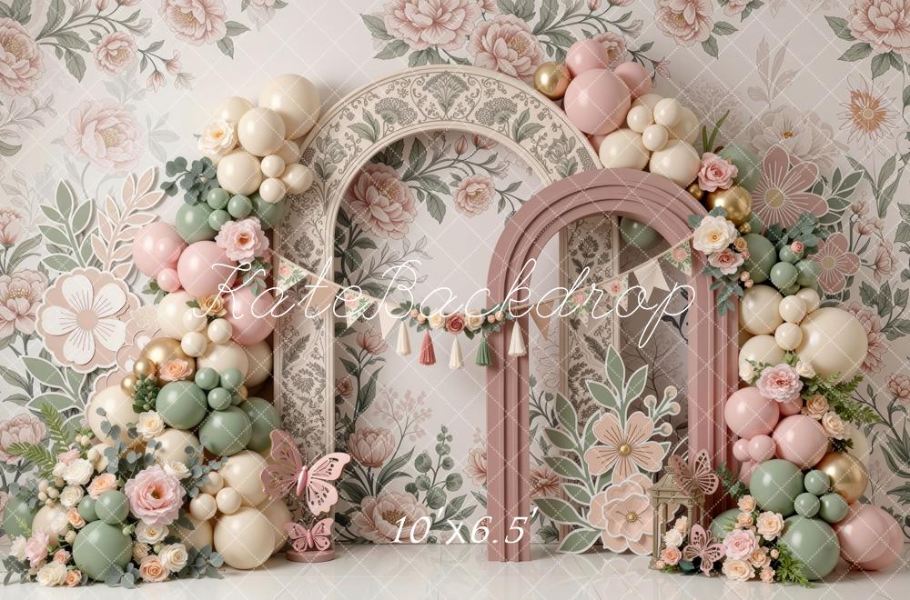 Kate Cake Smash Garden Flower Arch Balloon Floral Printed Backdrop Printed Backdrop Designed by Mini MakeBelieve