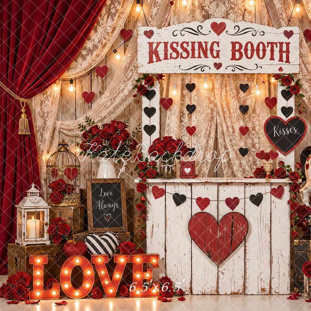 Kate Valentine's Day Kissing Booth Carousel Horse Curtains Hearts Printed Backdrop Designed by Emetselch