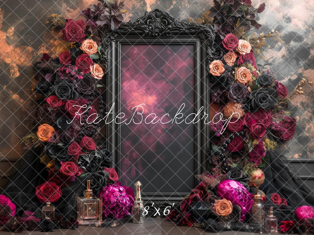 Kate Halloween Glam Frame Dark Floral Perfume Bottles Backdrop Designed by Mini MakeBelieve