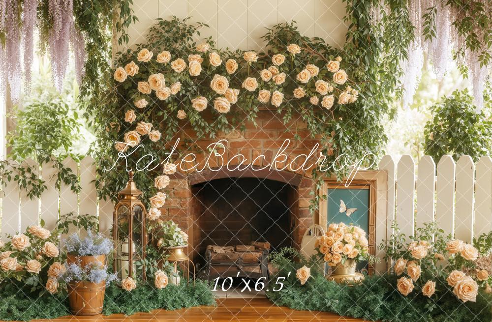 Kate Spring Flower Arch Brick Fireplace Garden Backdrop Designed by Emetselch