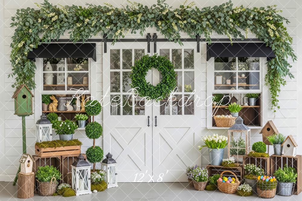 Kate Easter Greenery Wreath Door Birdhouse Crates Backdrop Designed by Patty Roberts