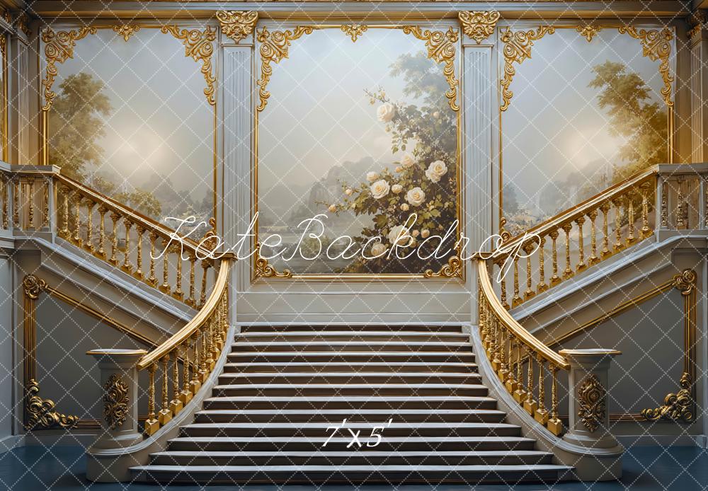 Kate Architecture Cascading Stairs Gold Ornate Floral Wall Backdrop Designed by Mini MakeBelieve