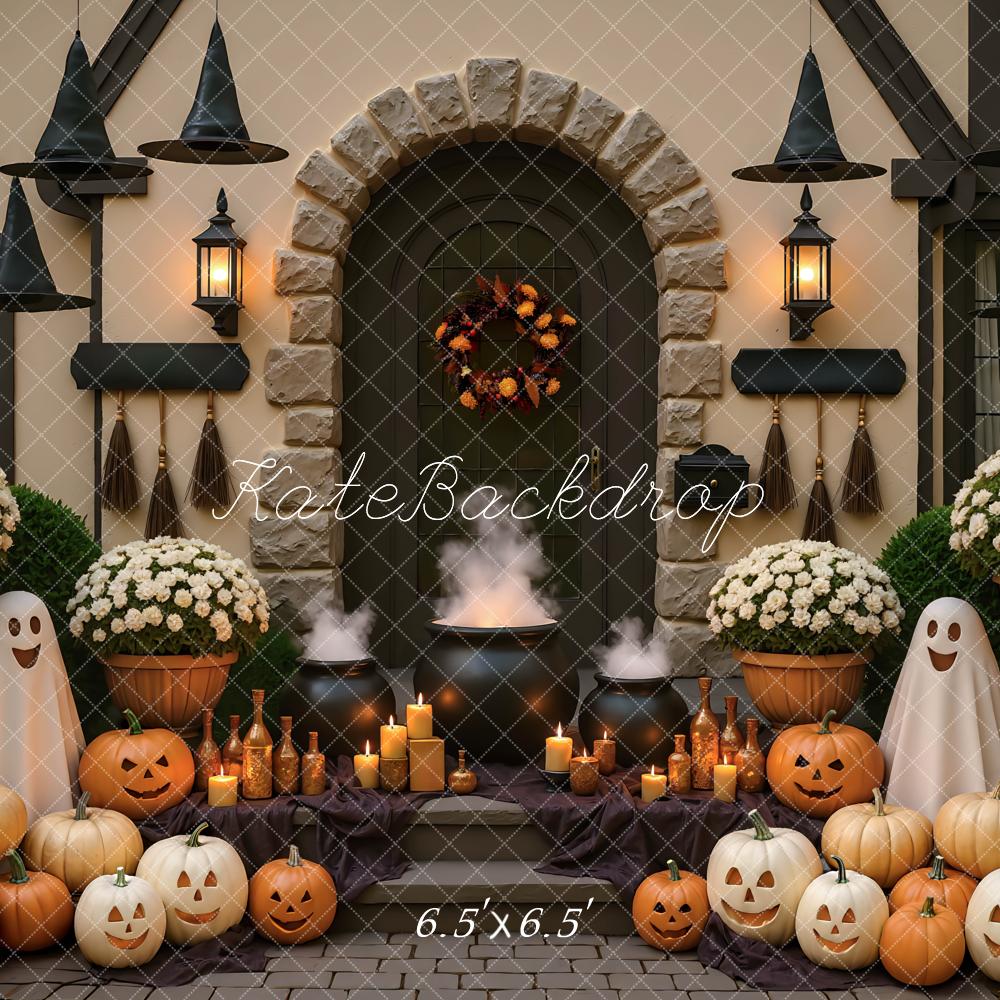 Kate Halloween Porch Ghosts Pumpkins Cauldron Witches Hats Backdrop Designed by Mini MakeBelieve