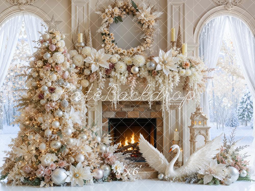 Kate Christmas Tree Fireplace Floral Swan Poinsettia Gold Printed Backdrop Designed by Mini MakeBelieve