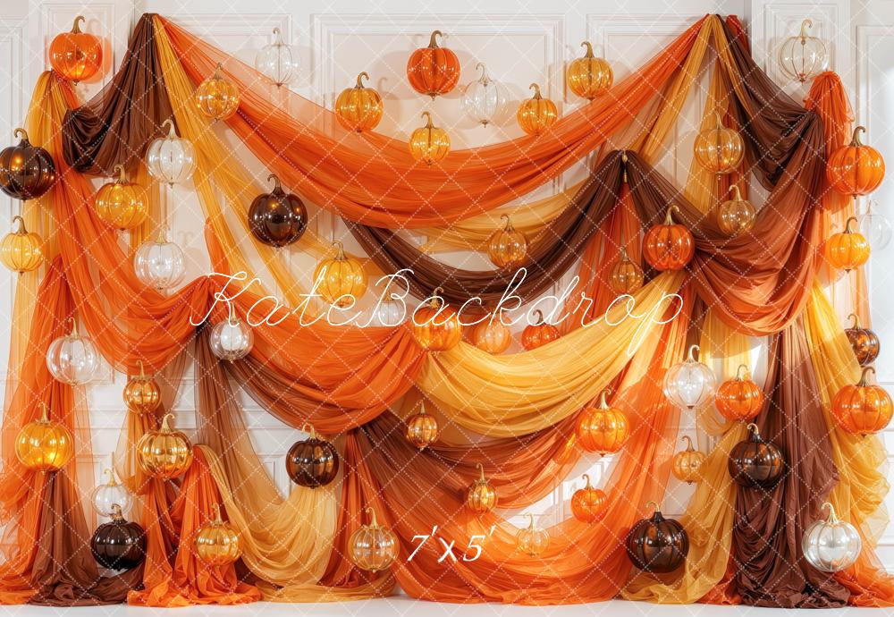 Kate Halloween Orange Glass Pumpkins Drapes Printed Backdrop Designed by Mini MakeBelieve