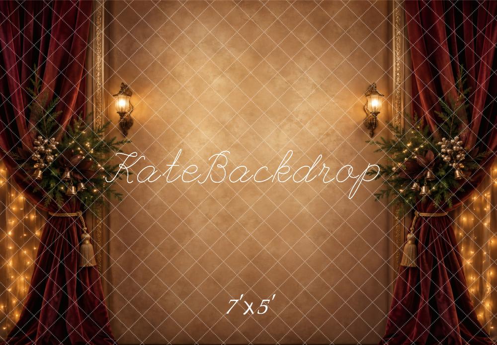 Kate Christmas Burgundy Drapes Garland Lanterns Printed Backdrop Designed by Vertigo Productions