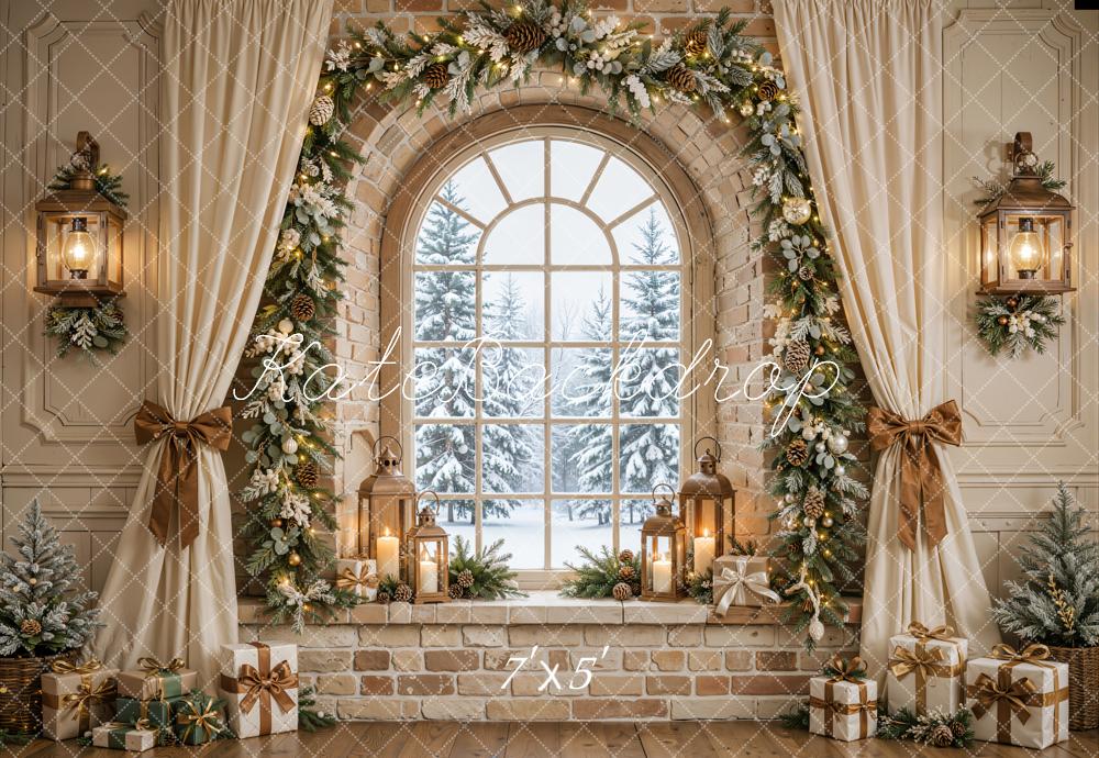 Kate Christmas Beige Arched Window Garland Curtains Bow Printed Backdrop Designed by Emetselch