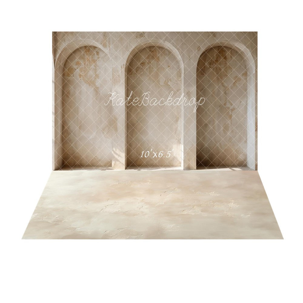 Kate Vintage Arched Alcove Wall Printed Backdrop+Beige Abstract Texture Printed Floor Backdrop