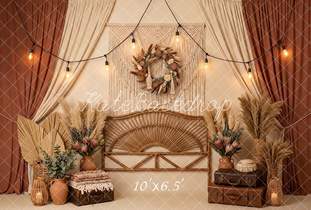 Kate Boho Macrame Wreath Pampas Grass Rattan Bench Backdrop Designed by Emetselch