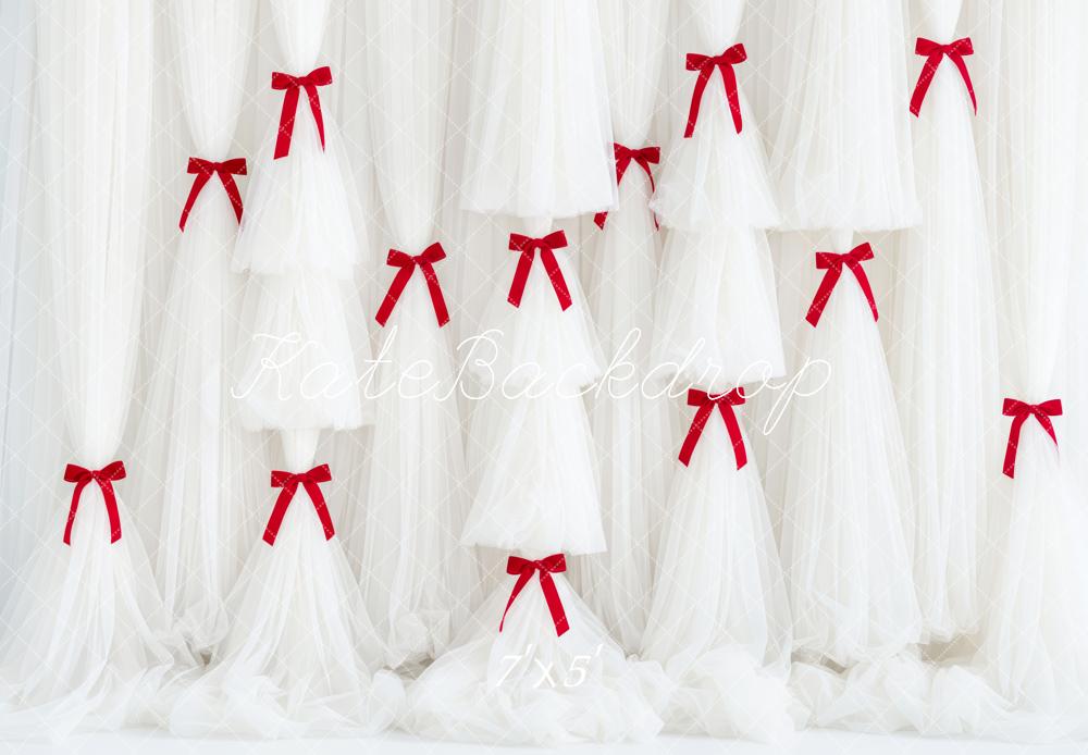 Kate White Tulle Curtains with Red Bows Backdrop Designed by Patty Roberts