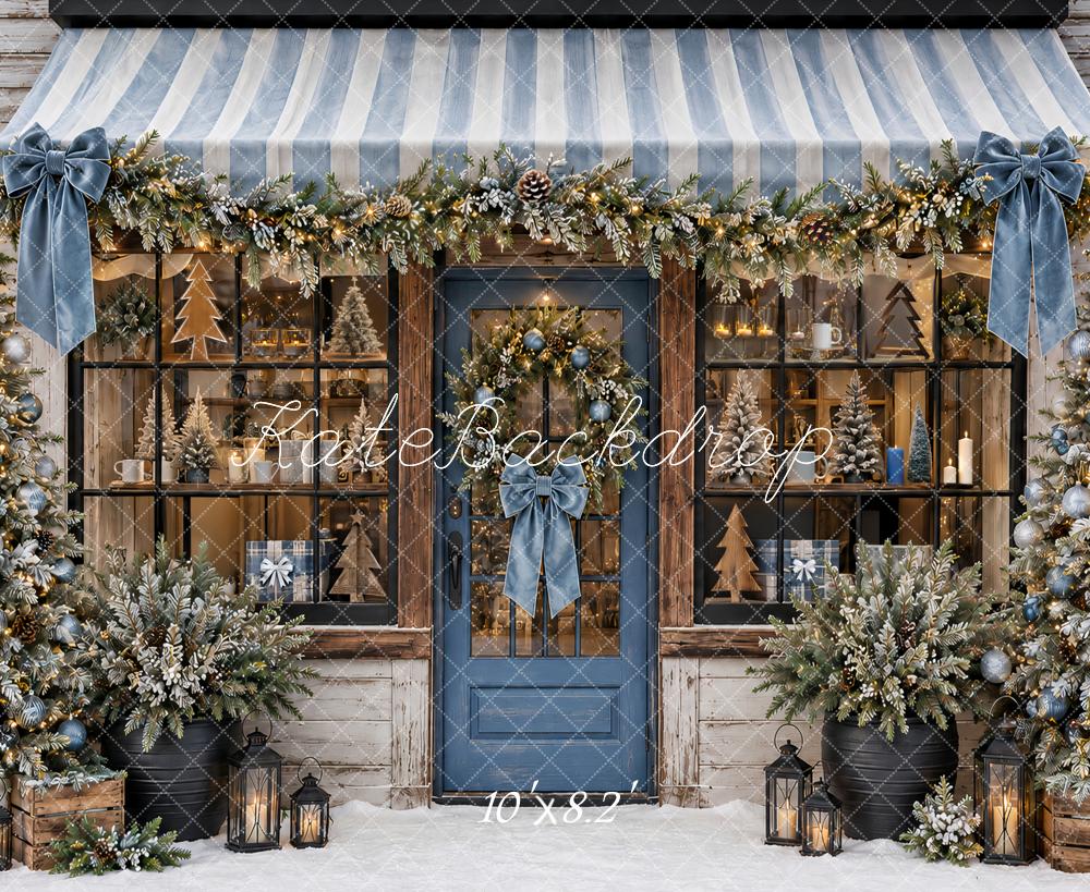 Kate Christmas Blue Storefront Garland Awning Snowy Printed Backdrop Designed by Ashley Paul